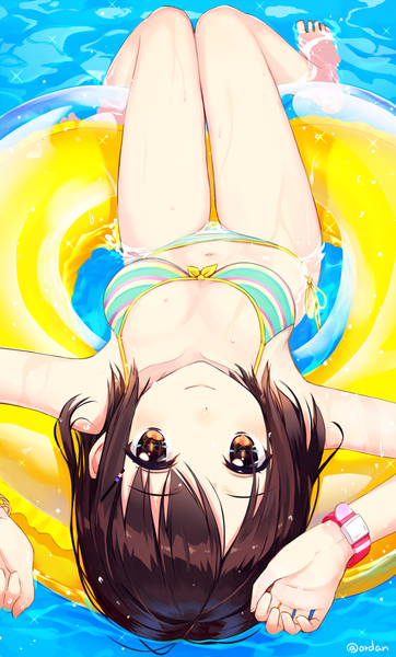 Anime picture 725x1200 with original orda single tall image looking at viewer blush short hair breasts light erotic smile brown hair brown eyes signed bent knee (knees) barefoot bare legs sparkle wet upside down knees together feet apart