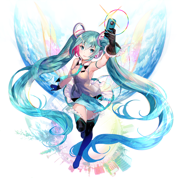 Anime picture 900x901 with vocaloid hatsune miku fuzichoco single tall image looking at viewer open mouth white background twintails pink hair cloud (clouds) full body bent knee (knees) very long hair multicolored hair aqua eyes from above aqua hair two-tone hair sparkle
