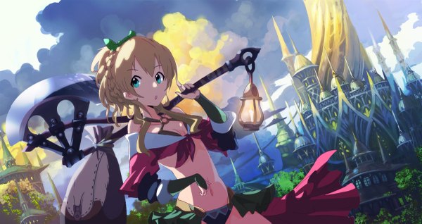 Anime picture 1200x637 with original seiji1209 single long hair blonde hair wide image bare shoulders holding green eyes bare belly :o girl navel hair ornament underwear panties weapon bag lamp castle