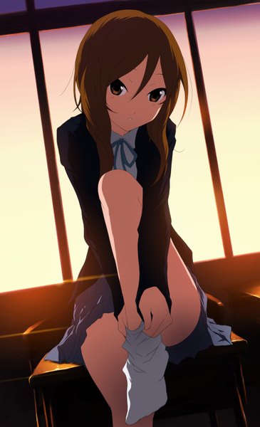 Anime picture 900x1477 with k-on! kyoto animation cait single long hair tall image looking at viewer brown hair sitting brown eyes legs girl socks white socks desk