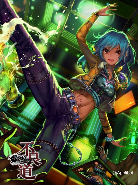 Anime picture 1200x1600 with original observerz long hair tall image open mouth brown eyes blue hair tattoo girl navel hair ornament jacket bracelet belt jeans