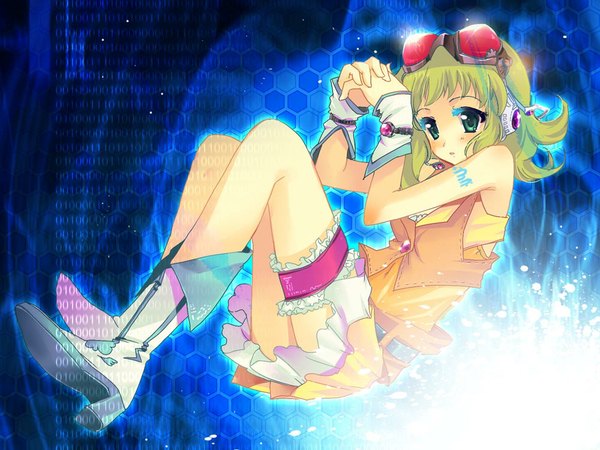 Anime picture 1000x750 with vocaloid gumi child-box single short hair green eyes green hair glowing hands clasped interlocked fingers goggles on head weightlessness girl skirt uniform boots belt headphones thigh boots jewelry