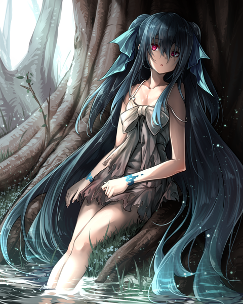 Anime picture 960x1200 with hakumare single tall image fringe open mouth hair between eyes sitting twintails very long hair pink eyes sunlight aqua hair :o sleeveless strap slip soaking feet girl dress bow ribbon (ribbons)