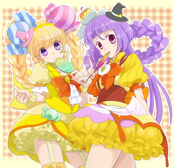 Anime picture 1500x1453 with precure mahou girls precure! toei animation asahina mirai cure miracle izayoi riko cure magical cure miracle (topaz style) cure magical (topaz style) tsuka d long hair looking at viewer blonde hair purple eyes multiple girls purple hair braid (braids) girl dress hair ornament