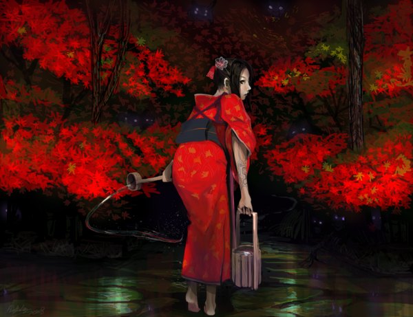 Anime picture 1300x1000 with original kyan-dog (artist) single short hair black hair japanese clothes profile looking back barefoot from behind tattoo girl hair ornament plant (plants) tree (trees) water belt hairclip autumn leaves