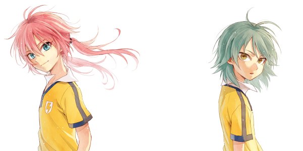 Anime picture 1200x600 with inazuma eleven inazuma eleven go kirino ranmaru kariya masaki riho long hair short hair simple background wide image white background twintails brown eyes pink hair parted lips aqua eyes light smile wind aqua hair multiple boys low twintails