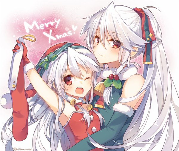 Anime picture 900x756 with original mishima kurone long hair looking at viewer blush fringe open mouth smile red eyes multiple girls silver hair ponytail one eye closed wink armpit (armpits) fur trim hug happy christmas merry christmas