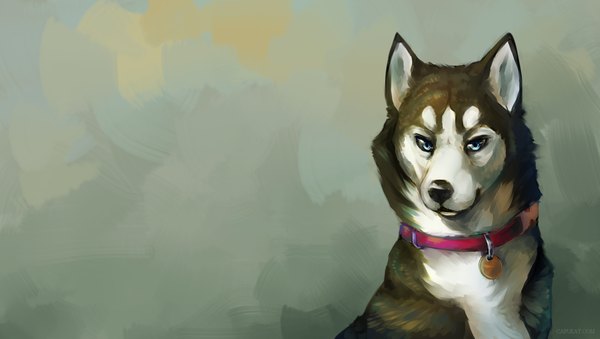 Anime picture 2300x1300 with original capukat looking at viewer highres blue eyes simple background wide image animal collar dog