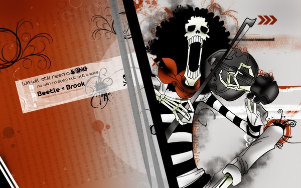 Anime picture 1500x938 with one piece toei animation brook (one piece) single open mouth black hair wide image inscription skeleton afro skull violin bow (instrument)