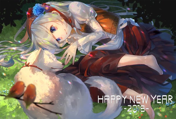 Anime picture 1748x1181 with original hatomame single long hair highres blue eyes smile silver hair full body lying barefoot depth of field on side new year happy new year 2018 girl animal bird (birds) dog