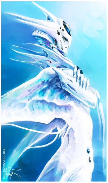 Anime picture 908x1528 with guyver zoalord aiuke (vega) single tall image blue eyes looking away horn (horns) blue background monster boy boy monster