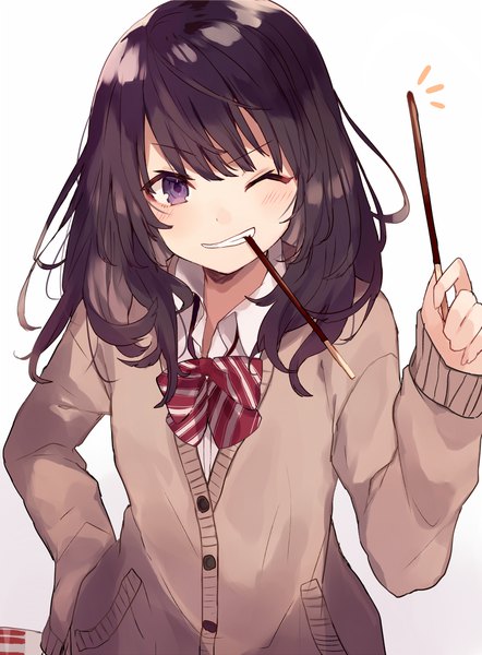 Anime picture 800x1086 with original shugao single long hair tall image looking at viewer blush fringe black hair simple background white background purple eyes holding upper body one eye closed wink hand on hip mouth hold pocky day girl