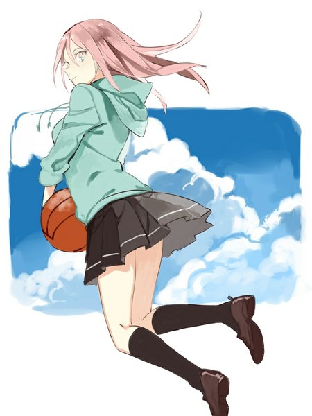 Anime picture 750x1000 with kuroko no basket production i.g momoi satsuki buun ko single long hair tall image smile white background pink hair sky cloud (clouds) full body pleated skirt pink eyes looking back jumping girl skirt socks
