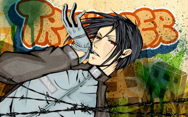 Anime picture 1920x1200 with kuroshitsuji a-1 pictures sebastian michaelis single looking at viewer highres short hair red eyes wide image holding head tilt lips teeth alternate costume mouth hold eyebrows graffiti glove biting boy gloves