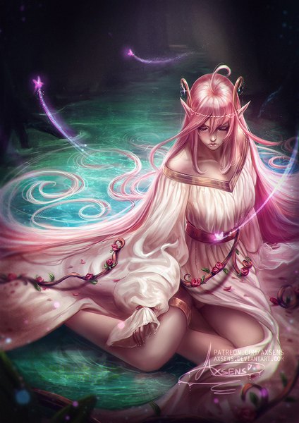 Anime picture 636x900 with original axsen single tall image fringe light erotic hair between eyes sitting bare shoulders signed pink hair full body ahoge eyes closed long sleeves very long hair pointy ears realistic inscription elf