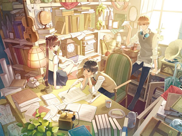 Anime picture 1003x752 with original den (itokiitoki) long hair looking at viewer short hair black hair smile brown hair sitting twintails brown eyes multiple boys closed umbrella girl boy uniform plant (plants) school uniform food window