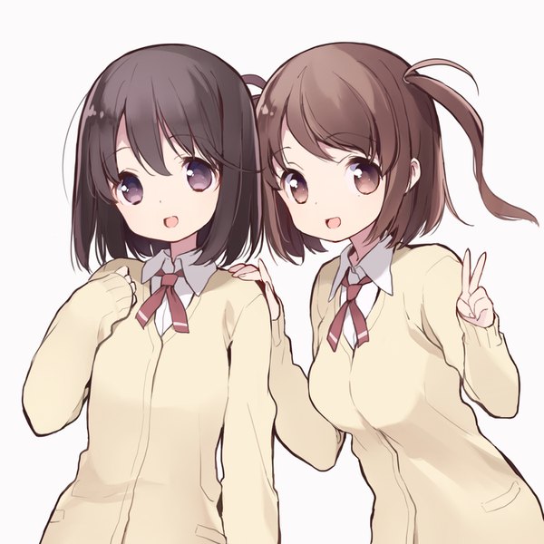 Anime picture 1500x1500 with saki mizuhara hayari shiratsuki shino itsumi (itumiyuo) looking at viewer short hair open mouth simple background brown hair white background purple eyes multiple girls brown eyes upper body two side up victory hand on another's shoulder girl uniform 2 girls