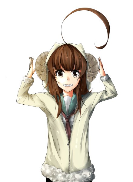 Anime picture 878x1200 with kantai collection kuma light cruiser koiru (artist) single long hair tall image looking at viewer fringe open mouth simple background brown hair standing white background horn (horns) open clothes open jacket grey eyes clenched teeth girl jacket