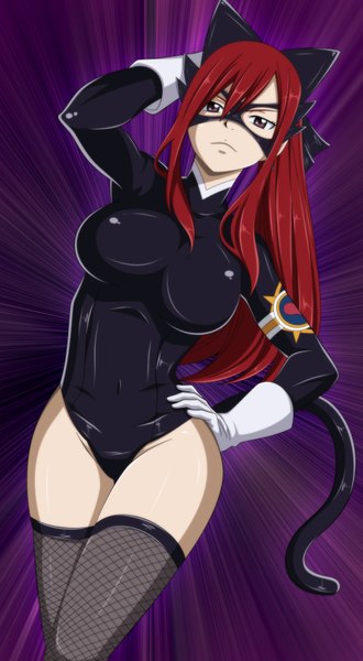 Anime picture 1082x1966 with fairy tail erza scarlet ornav single long hair tall image light erotic brown eyes animal ears ponytail red hair cat ears cat tail hand on hip coloring girl thighhighs gloves bow hair bow