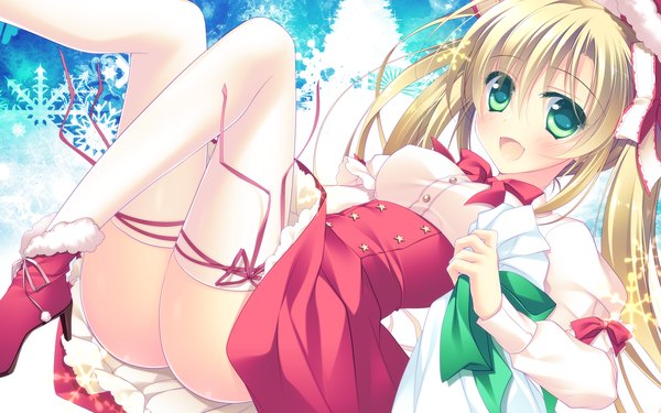 Anime picture 1920x1200 with motomiya mitsuki long hair blush highres open mouth light erotic blonde hair wide image twintails green eyes ass legs fur trim girl thighhighs dress bow hair bow white thighhighs fur