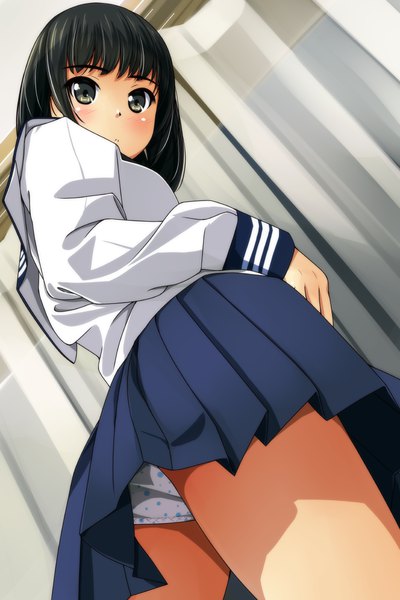 Anime picture 800x1200 with original matsunaga kouyou single tall image looking at viewer blush fringe short hair light erotic black hair pleated skirt looking back black eyes from below pantyshot upskirt girl skirt uniform underwear