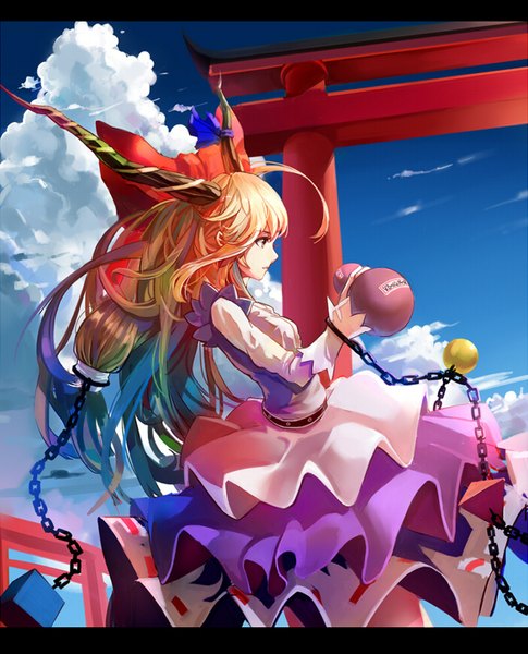 Anime picture 700x866 with touhou ibuki suika mconch single long hair tall image blonde hair purple eyes sky cloud (clouds) ahoge profile horn (horns) letterboxed girl dress bow hair bow chain large bow