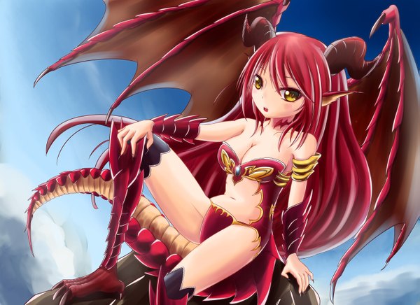 Anime picture 1375x1000 with original saboten teishoku single long hair looking at viewer blush light erotic yellow eyes red hair tail horn (horns) pointy ears demon girl monster girl girl navel wings