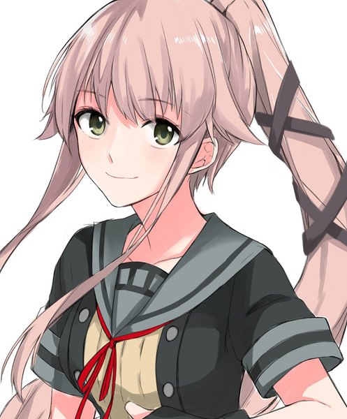 Anime picture 745x900 with kantai collection yura light cruiser morinaga (harumori) single long hair tall image looking at viewer simple background smile white background green eyes payot upper body ponytail remodel (kantai collection) girl uniform serafuku