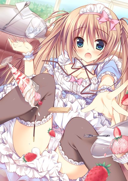 Anime picture 1000x1414 with original moe2015 sorai shin'ya single long hair tall image looking at viewer blush open mouth blue eyes light erotic brown hair twintails maid girl thighhighs dress uniform underwear panties