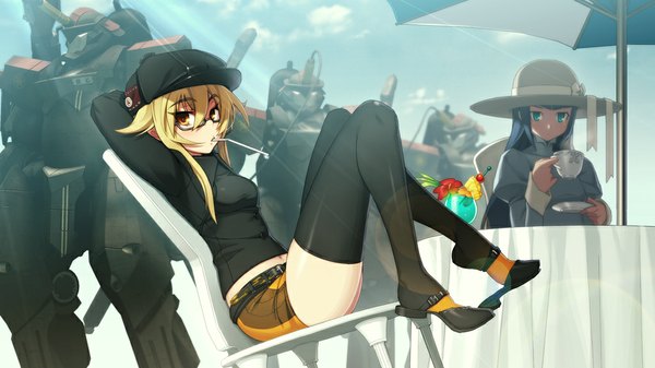 Anime picture 1024x576 with full metal daemon muramasa nitroplus tagme (character) blonde hair wide image multiple girls green eyes yellow eyes blue hair game cg mouth hold drinking girl thighhighs black thighhighs 2 girls hat glasses shorts cup