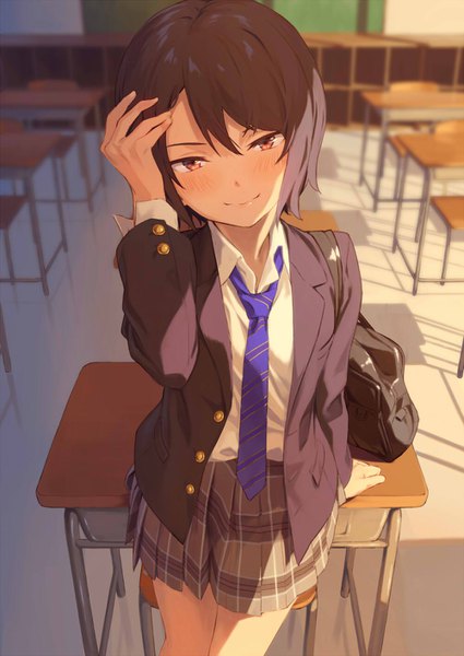 Anime picture 1000x1412 with original kinta (distortion) single tall image looking at viewer blush fringe short hair smile hair between eyes brown hair standing brown eyes indoors head tilt pleated skirt sunlight arm support shadow adjusting hair