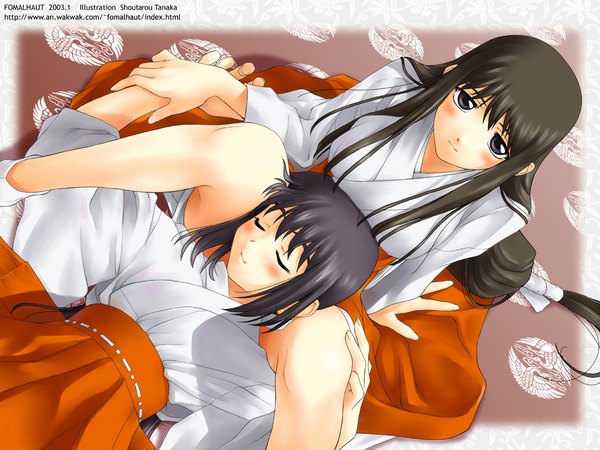 Anime picture 1024x768 with tanaka shoutarou japanese clothes low ponytail sleeping miko lap pillow