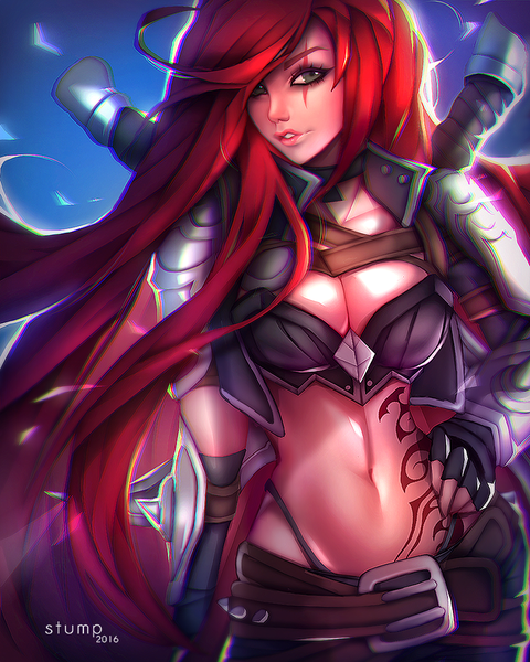 Anime picture 720x900 with league of legends katarina (league of legends) stump (artist) single long hair tall image fringe breasts light erotic simple background large breasts standing signed looking away cleavage red hair parted lips wind lips hair over one eye