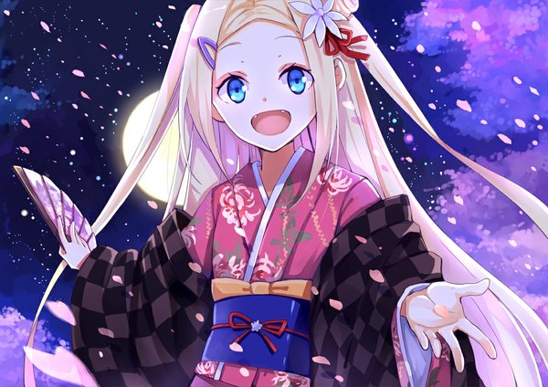 Anime picture 1110x785 with hanayamata madhouse hana n. fontainestand hana n fountainstand hao (patinnko) single long hair looking at viewer open mouth blue eyes blonde hair traditional clothes japanese clothes night cherry blossoms outstretched arm girl hair ornament plant (plants) petals