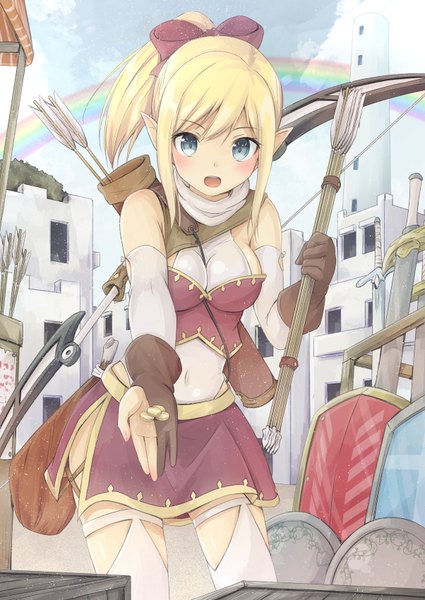 Anime picture 602x850 with original mirai (macharge) single long hair tall image blush open mouth blue eyes blonde hair ponytail pointy ears girl bow weapon hair bow sword coin (coins)