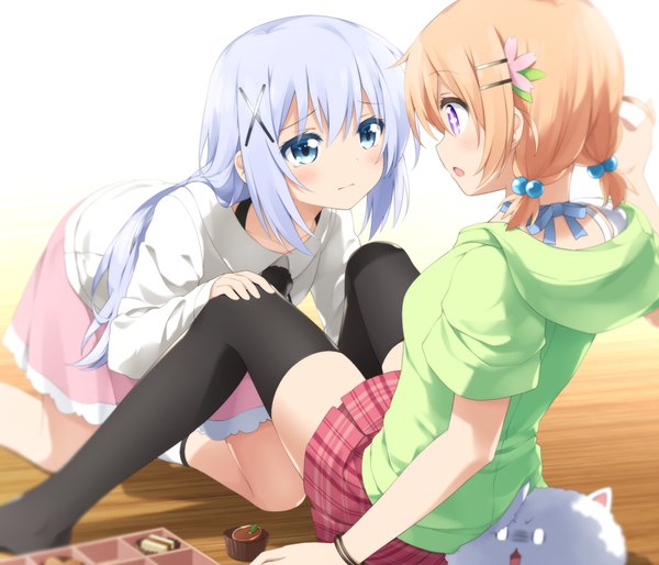 Anime picture 875x750 with gochuumon wa usagi desu ka? white fox kafuu chino hoto cocoa tippy (gochiusa) haribote (tarao) long hair blush short hair open mouth blue eyes blonde hair purple eyes multiple girls blue hair shoujo ai between legs o o girl thighhighs