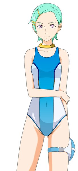 Anime picture 686x1500 with eureka seven studio bones eureka shugo19 single tall image looking at viewer short hair light erotic simple background smile purple eyes aqua hair groin holding arm girl swimsuit choker hairclip one-piece swimsuit