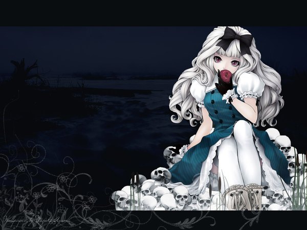 Anime picture 1600x1200 with original kunishige keiichi looking at viewer red eyes white hair loli girl dress gloves bow hair bow skull apple