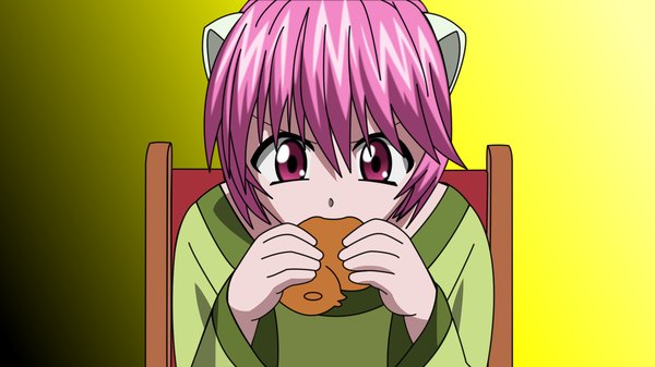 Anime picture 1920x1080 with elfen lied arms corporation nana (elfen lied) single highres short hair wide image sitting pink hair pink eyes horn (horns) eating vector girl food chair