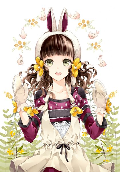 Anime picture 600x858 with original cocoon (loveririn) single long hair tall image looking at viewer fringe open mouth brown hair green eyes animal ears bunny ears fake animal ears wavy hair girl flower (flowers) animal cap bunny mittens