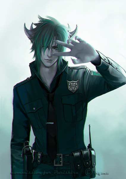 Anime picture 650x919 with myme1 single tall image looking at viewer fringe short hair standing green eyes head tilt arm up green hair hair over one eye gradient background piercing open collar police boy uniform shirt necktie