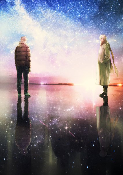 Anime picture 700x988 with axis powers hetalia studio deen america (hetalia) russia (hetalia) amari (artist) tall image short hair blonde hair standing full body profile night multiple boys night sky reflection hands in pockets shooting star milky way boy jacket