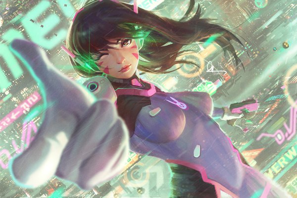 Anime picture 3000x2001 with overwatch blizzard entertainment d.va (overwatch) guweiz single long hair looking at viewer fringe highres breasts smile brown hair holding brown eyes upper body one eye closed lips blurry dutch angle depth of field