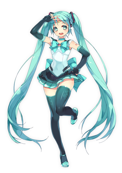 Anime picture 963x1363 with bishoujo senshi sailor moon vocaloid toei animation hatsune miku btoor single tall image looking at viewer blush simple background white background twintails very long hair aqua eyes aqua hair tattoo zettai ryouiki hand on hip posing girl