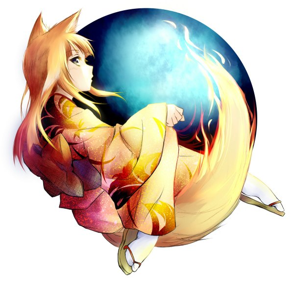 Anime picture 1200x1149 with os-tan firefox daiki single long hair open mouth brown hair animal ears fox tail fox girl girl bow belt fire yukata