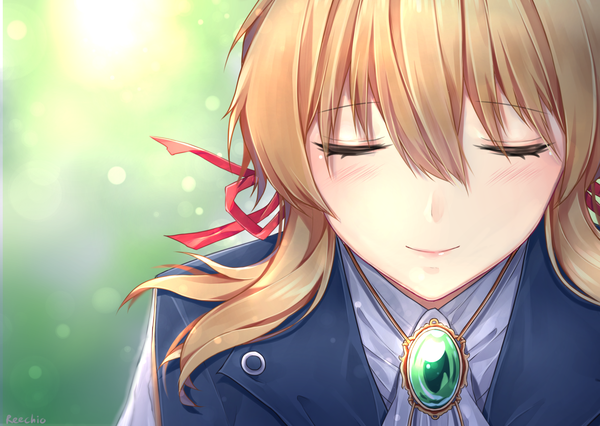 Anime picture 3606x2561 with violet evergarden kyoto animation violet evergarden (character) reechio single long hair blush fringe highres blonde hair smile hair between eyes signed absurdres eyes closed face girl ribbon (ribbons) hair ribbon brooch