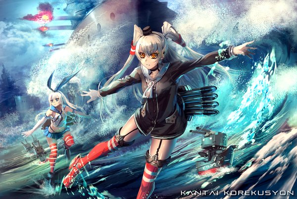 Anime picture 1490x1000 with kantai collection shimakaze destroyer rensouhou-chan amatsukaze destroyer rensouhou-kun yoshimoto (dear life) long hair blush open mouth multiple girls yellow eyes looking away sky silver hair cloud (clouds) teeth two side up spread arms leg lift (legs lift) girl