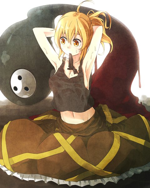 Anime picture 1200x1500 with blazblue touhou kurodani yamame arakune ibuki notsu single long hair tall image blush simple background blonde hair holding yellow eyes ponytail armpit (armpits) mouth hold arms behind head ribbon in mouth girl dress