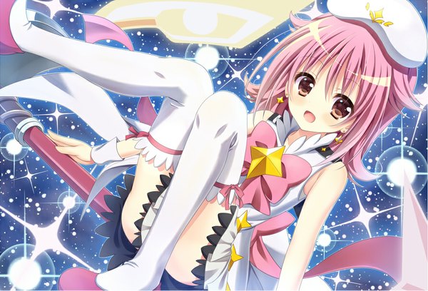Anime picture 891x607 with houkago no pleiades subaru (houkago no pleiades) john (artist) single looking at viewer blush fringe short hair open mouth smile bare shoulders brown eyes pink hair girl thighhighs hat earrings white thighhighs staff