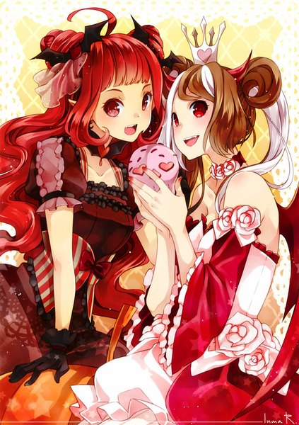 Anime picture 650x922 with original inma r. long hair tall image blush short hair open mouth smile red eyes brown hair twintails multiple girls ahoge white hair red hair multicolored hair horn (horns) two-tone hair demon wings girl